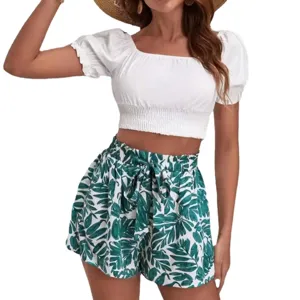 Women casual two piece outfit white puff sleeve crop top and green leaf print shorts set