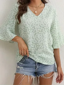 Camicetta donna scollo a V stampa floreale top casual maniche corte elegante moda estiva.