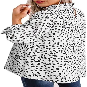 Women long sleeve blouse casual black white polka dot top round neck ruffle elegant shirt