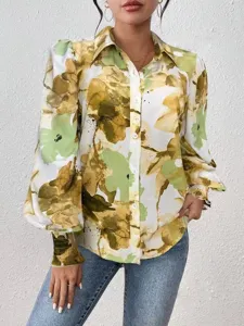 Floral print puff long sleeve lapel blouse with smocked cuffs for women, chic casual daily wear.