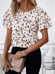 2025 new women fashion round neck double ruffle short sleeve abstract print loose casual blouse