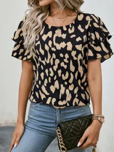 Women Casual Loose Polka Dot Print Short Sleeve T Shirt Crew Neck Ruffle Sleeve Pullover Summer Top
