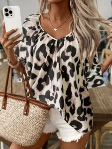 Women's Fashion Casual Leopard Print V-Neck Long Sleeve Blouse Loose Fit Commuting Shirt Top