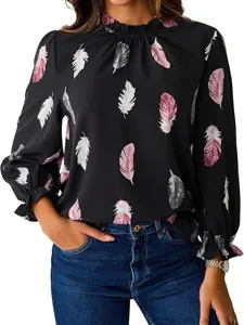 Women's Casual Long Sleeve Blouse Elegant Round Neck Printed Shirt Fashion Commuter Top