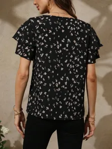 Women abstract print short sleeve blouse detailed back view, casual loose fit round neck top.