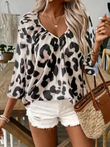 Stylish leopard print V-neck women blouse with chic casual commuting style for daily wear.