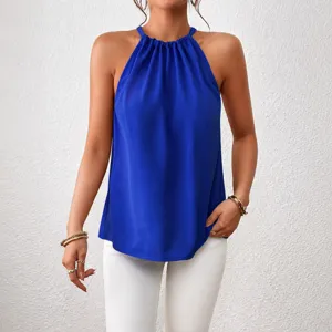 Women's Summer Sexy Solid Color Halter Neck Sleeveless Pleated Casual Tank Top Blouse