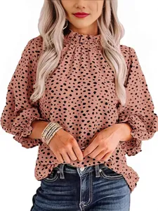 Women's long sleeve printed blouse with mock neck and elegant lantern sleeves for daily wear.