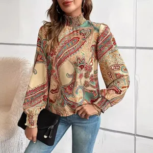 Vintage paisley print high neck smocked long sleeve blouse for women casual elegant top
