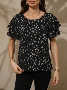 Close-up detail showing the elegant design of the women short sleeve floral print blouse.
