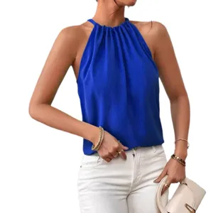 Royal blue halterneck sleeveless top for women, elegant summer casual fashion apparel main view.