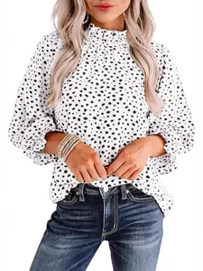 Women fashion long sleeve blouse casual polka dot print elegant stand collar top for daily wear