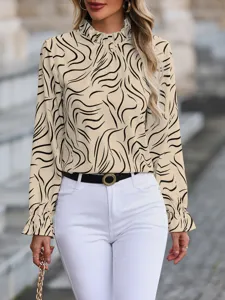 Stylish beige abstract print long sleeve blouse with ruffled collar and cuffs for women.