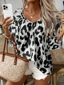 Women's V-Neck Leopard Print Long Sleeve Casual Shirt Summer Fashion Chic Blouse Top