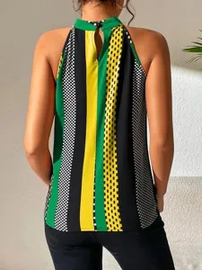 Women's summer fashion sleeveless halter neck colorblock geometric dot print blouse top detail