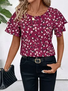 Elegant women's round neck short sleeve abstract print ruffle blouse for daily wear.