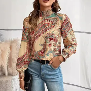 Vintage paisley print high neck smocked long sleeve blouse for women casual elegant top