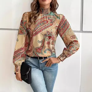 Vintage paisley print high neck smocked long sleeve blouse for women casual elegant top