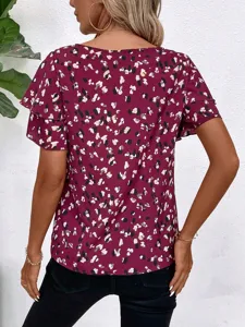 Women casual round neck abstract print short sleeve loose blouse summer daily top.