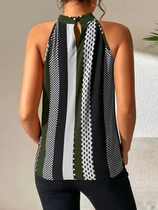 Women Summer Halter Neck Sleeveless Top Backless Colorblock Striped Casual Blouse Detail