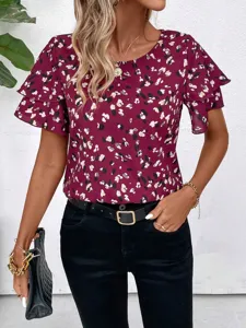 Detailed view of women's round neck abstract print layered short sleeve blouse casual top.