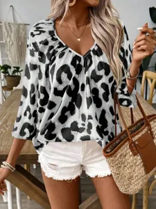 Women's V-Neck Black and White Leopard Print Blouse Casual 3/4 Sleeve Shirt Top
