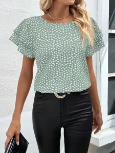 Close-up detail view of the stylish green printed short-sleeve top featuring ruffled sleeves.