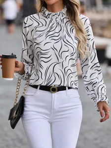 Chic long sleeve ruffle mock neck blouse with abstract wavy print for women, elegant daily wear.