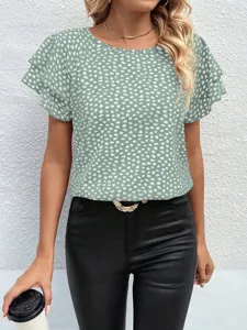 Trendy women's abstract print short sleeve blouse with elegant double flutter sleeves for summer.