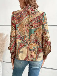 Women vintage paisley print long sleeve smocked high neck blouse casual elegant shirt