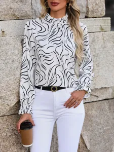 Elegant white abstract print long sleeve blouse with stylish ruffled mock neck for modern women.