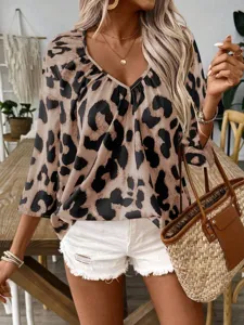 Fashionable women's leopard print V-neck blouse, chic casual wear for daily stylish look.