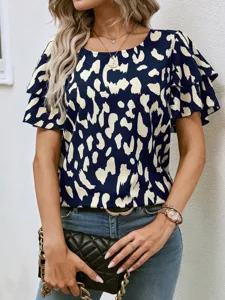 Detailed view of the women's short-sleeve abstract print ruffle blouse, casual style.