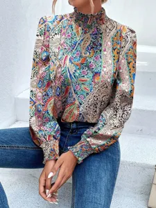 Women's colorful paisley print high mock neck long sleeve smocked blouse main view