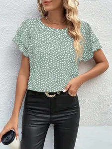 Green polka dot short sleeve top with ruffle layers for women stylish summer apparel