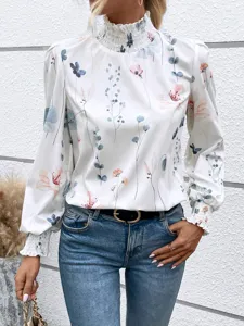 2024 New fashion European floral print high smocked collar long sleeve blouse top