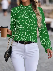 Green abstract print long sleeve blouse with elegant mock neck and ruffle trim details.