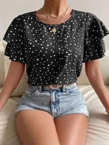 Polka dot flutter sleeve top detail, stylish black short sleeve summer casual blouse.