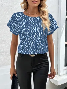 Chic blue printed short sleeve blouse with ruffle sleeves, perfect for stylish daily wear.