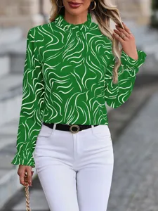 Women Green Abstract Print Ruffled Collar Long Sleeve Blouse Fashion Elegant Shirt