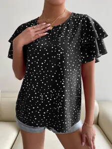 Black polka dot blouse featuring elegant double ruffle sleeves, relaxed fit for summer wear.