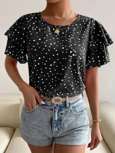Chic summer casual loose polka dot pullover top for women featuring stylish ruffle short sleeves.
