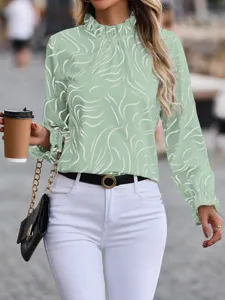 Chic long sleeve ruffle collar blouse with abstract print, elegant casual daily top.