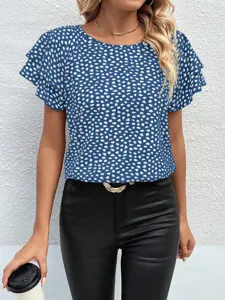 Women casual summer blue white dot print blouse with cute double ruffle short sleeves.