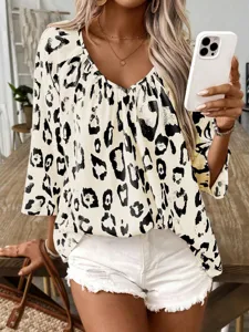Women casual V-neck leopard print half sleeve blouse shirt, elegant daily commute top.