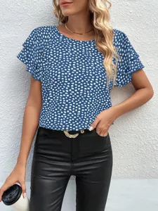 Chic blue abstract printed short sleeve blouse with layered ruffles for stylish spring summer daily wear.