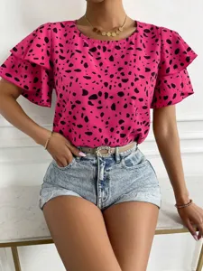 Women pink polka dot short sleeve blouse casual loose summer pullover top detail view