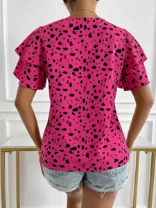 Pink dalmatian print ruffle sleeve top casual womens summer short sleeve shirt back view detail