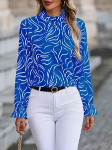 Blue and white abstract print long sleeve blouse with ruffled collar detail close up view