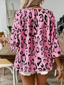 Pink leopard print women's blouse, casual half sleeve shirt for daily commute style.